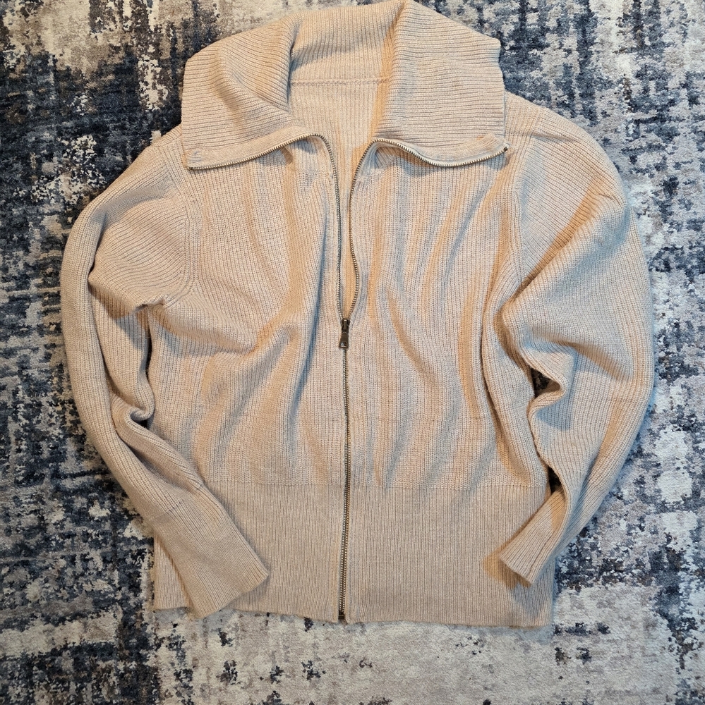 Beige Ribbed Zip-Up Sweater